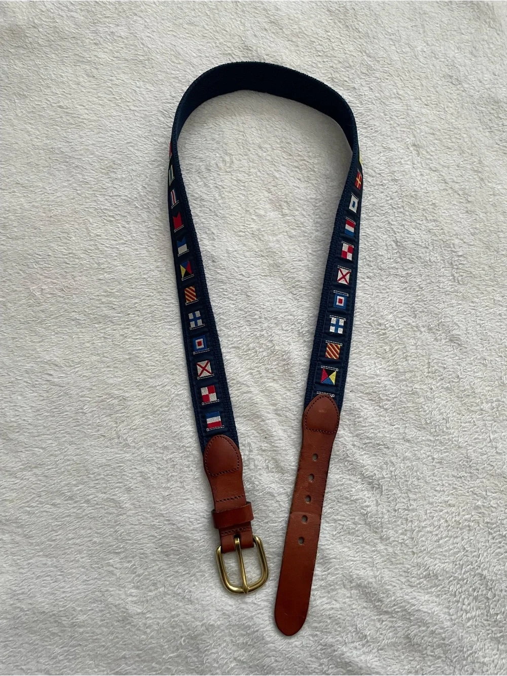Leather Man Ltd size 36 Navy Flag Embroidered Belt with Brown Top Grain Leather